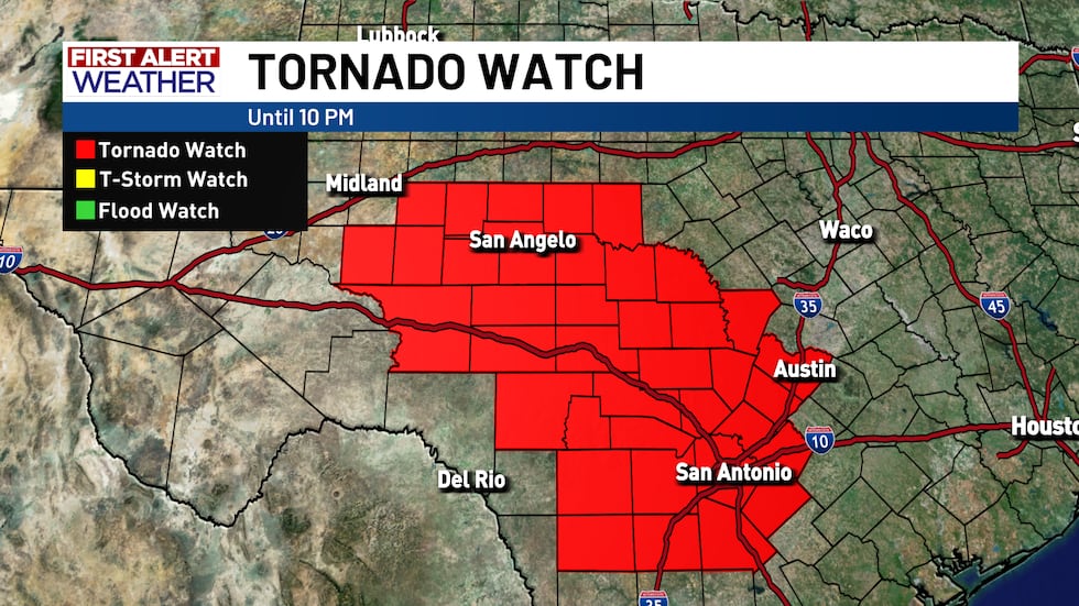 Tornado Watch in place for much of the Hill Country and Big Country regions of Texas until 10pm