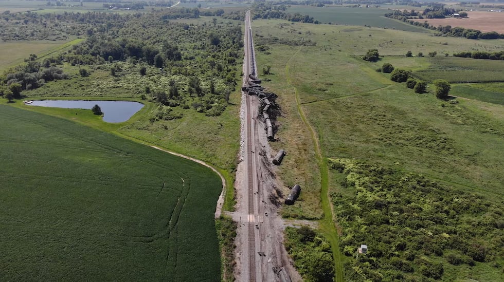 An aerial photo shows the aftermath of an August 2025 hazmat derailment involving more than 20...