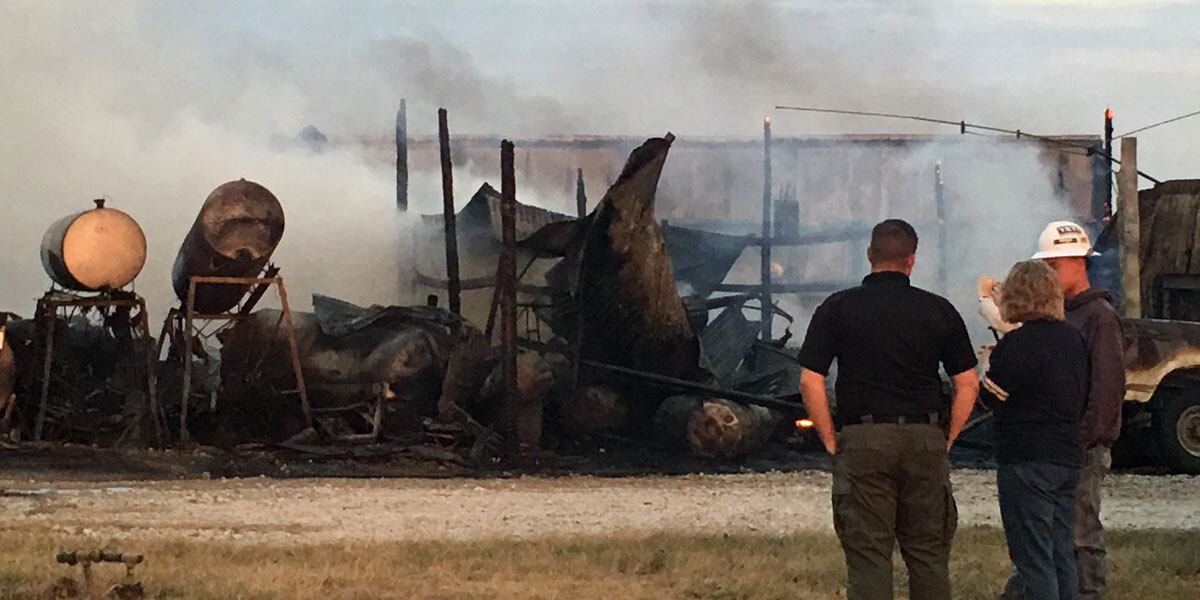 Exploding Barn Rural area barn goes up in flames; fuel storage tanks explode