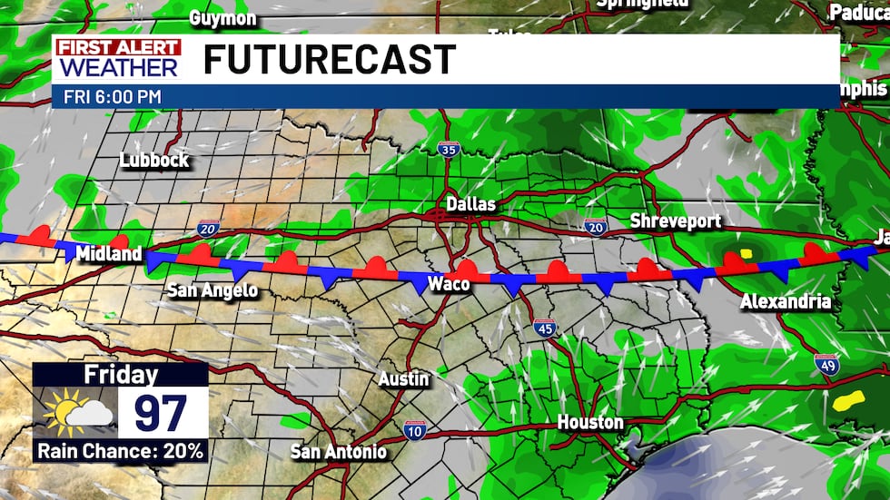 The very weak cold front will slow down somewhere across Central/North Texas on Friday. Rain...