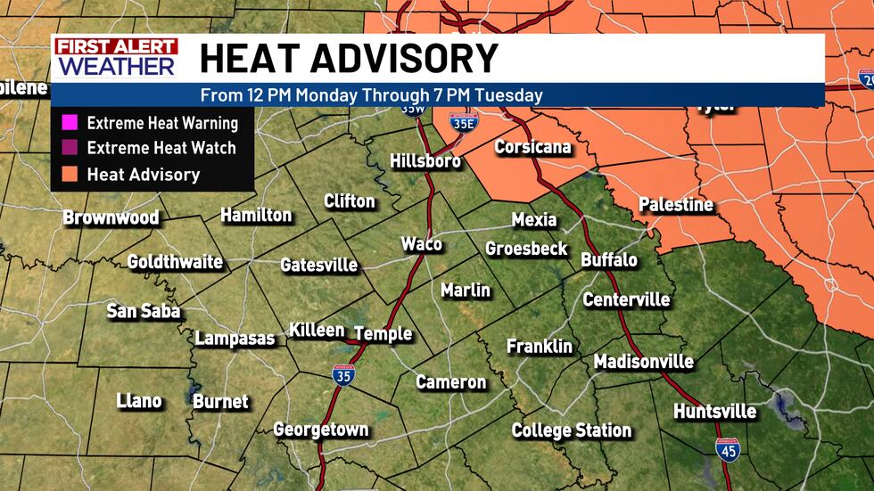 A Heat Advisory is in effect for Navarro County from 12 PM Monday until 7 PM Tuesday. A heat...