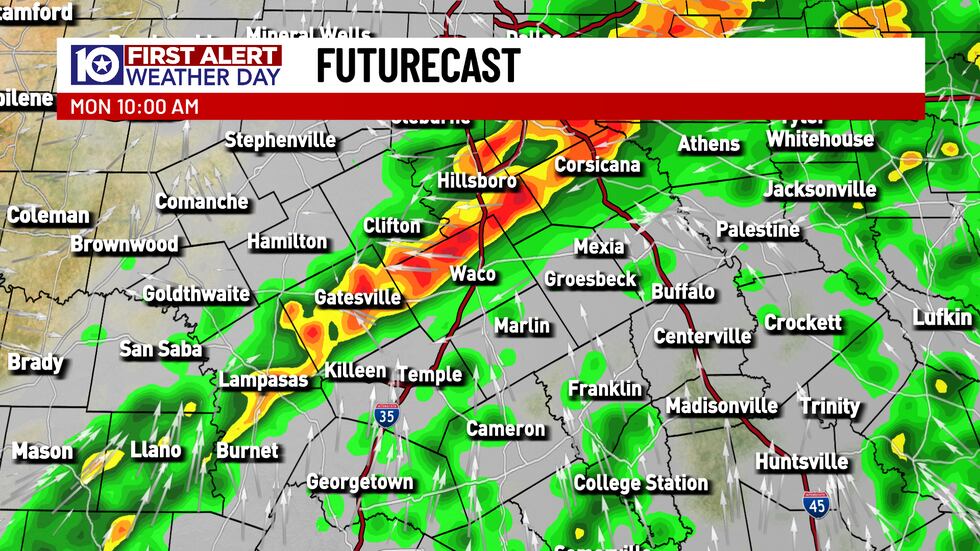 La línea se debilitará a medida que avanza hacia el este y la lluvia llegará a partes del corredor I-35 a media mañana.