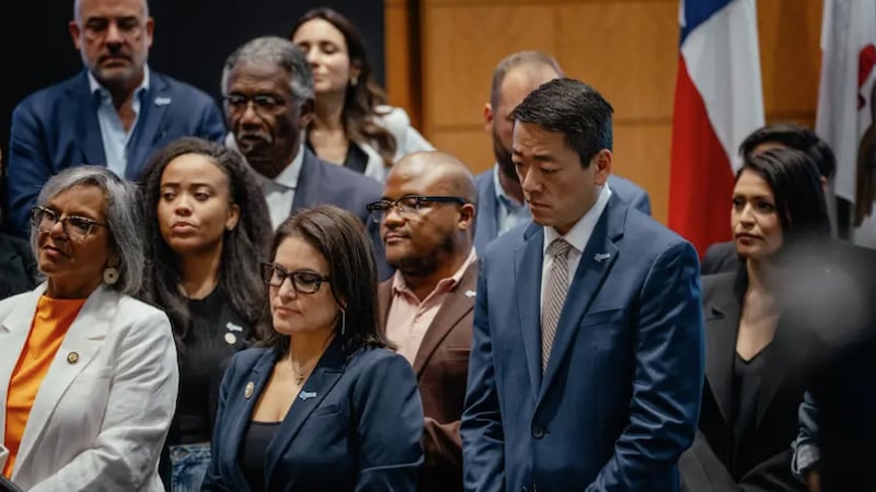 Members of the Texas House Democratic Caucus at a press conference at IBEW Local 701 in...