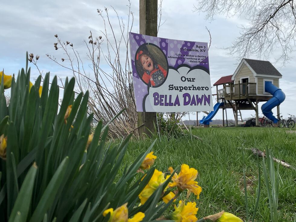A memorial to Bella Dawn Streeval grows in front of the Kentucky home where she lived.