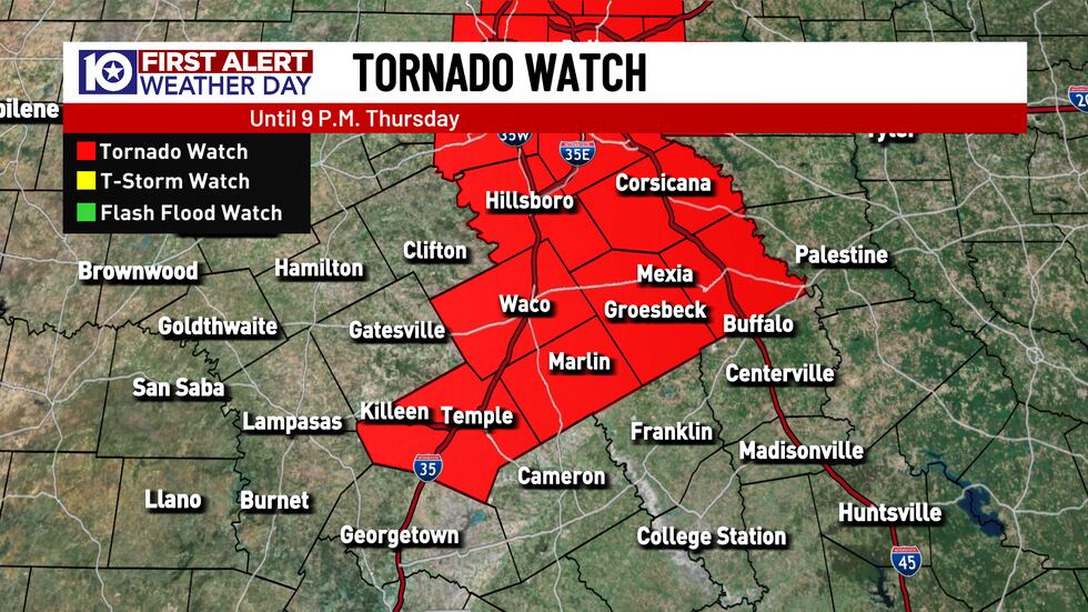 A Tornado Watch continues for areas along and east of I-35 through 9pm