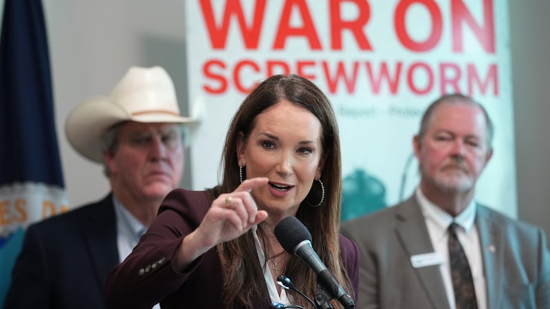 U.S. Agriculture Secretary Brooke Rollins, center, holds a news conference with ranchers,...