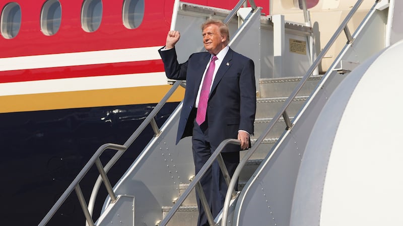 President Donald Trump arrives on Air Force One, Thursday, Aug. 27, 2026, at Ellington Airport...