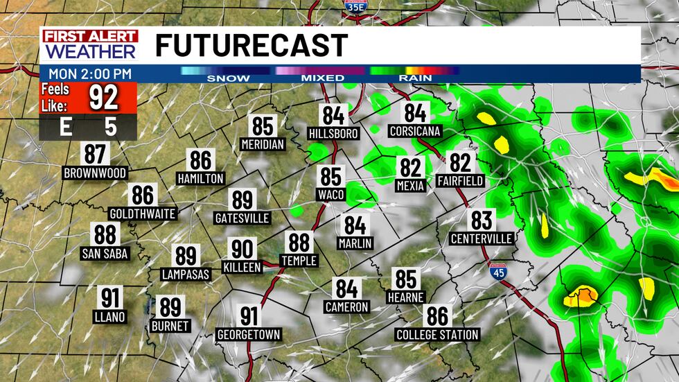 Scattered showers will remain after the initial line pushes through early Monday morning.