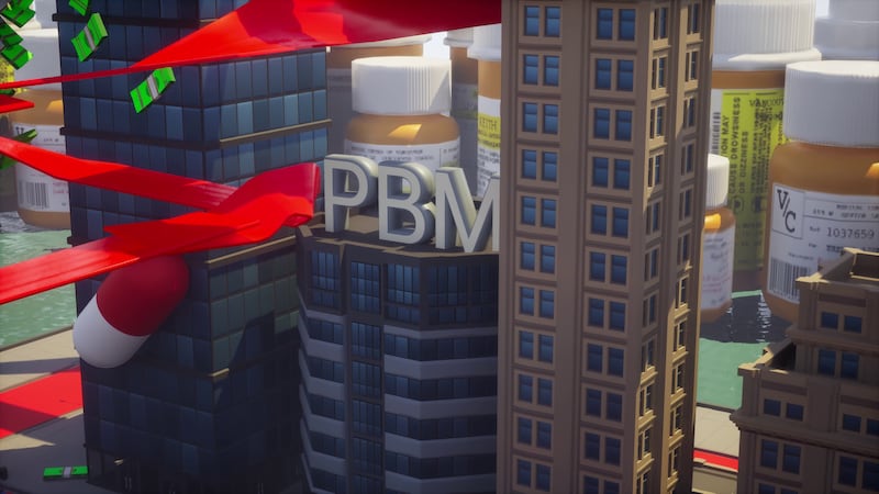A computer-generated city-scape shows a building with the letters "PBM" on top of it. A larger...