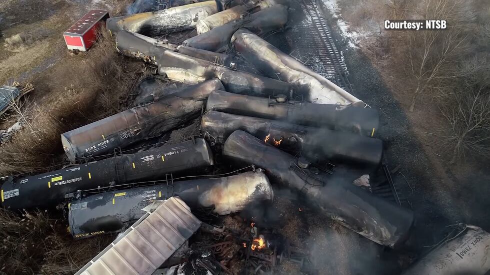 A photo from the NTSB investigative file shows the aftermath of a massive 2023 train...