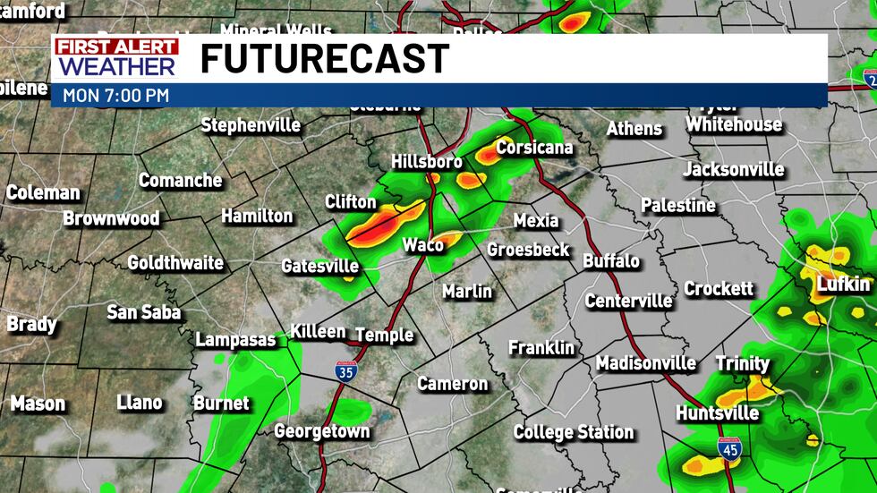 Scattered thunderstorms are possible along an evening cold front
