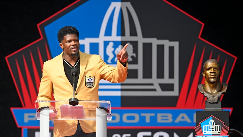 Former NFL player Andre Johnson speaks during his induction into the Pro Football Hall of...