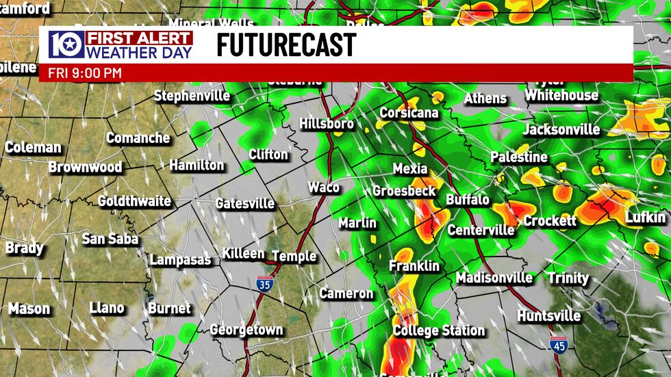 Thunderstorms start to shift east of the I-35