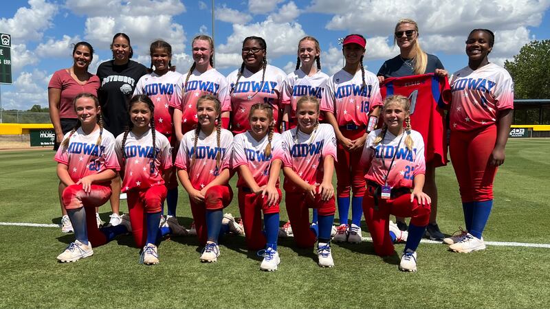 The Midway Little League softball celebrates after beating Colorado in the Southwest Regional...