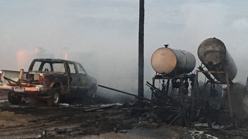 Exploding Barn Rural area barn goes up in flames; fuel storage tanks explode