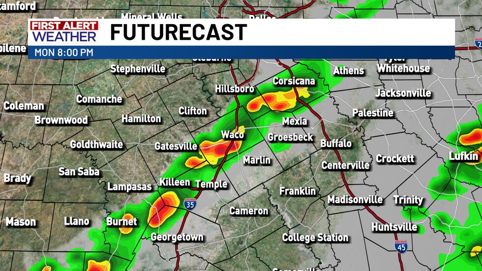 Scattered thunderstorms are possible along an evening cold front
