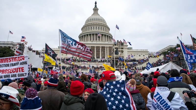 Supporters of President Donald Trump rally at the U.S. Capitol on Jan. 6, 2021, in Washington....
