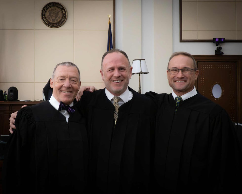 New Waco U.S. Magistrate Judge Dan MacLemore (center) stands with U.S. District Judge Alan...
