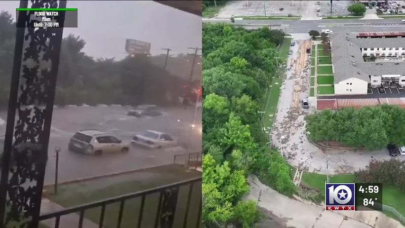 Flooding destroys street in front of apartment complex in Waco, Texas