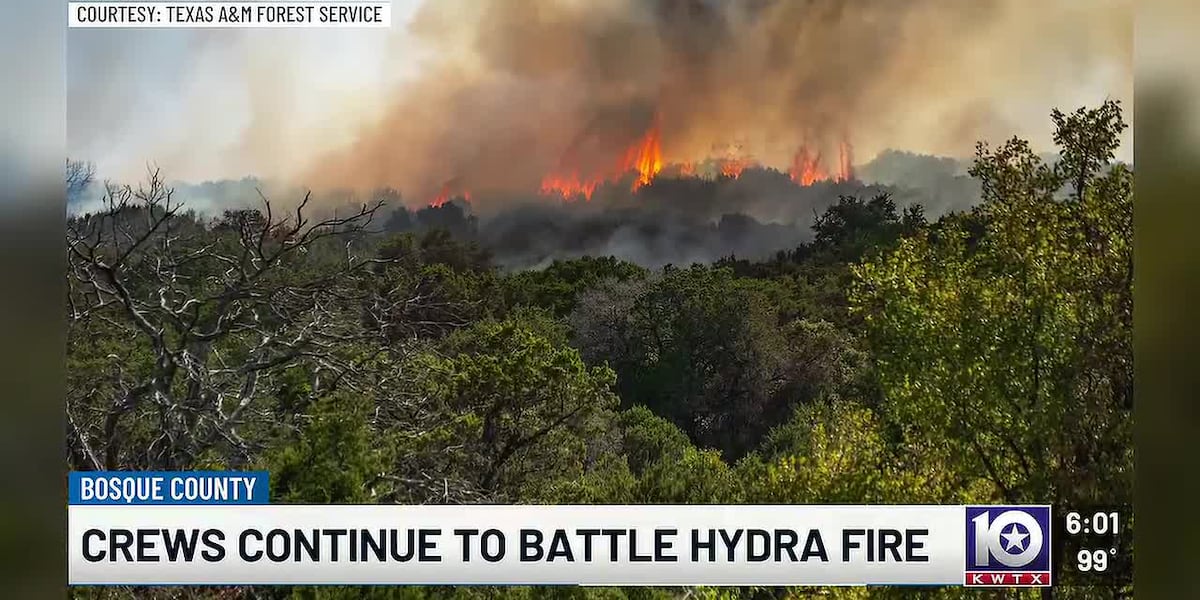 Central Texas crews battle Hydra Fire near Meridian as multiple large wildfires rage across the state amid hot, dry conditions